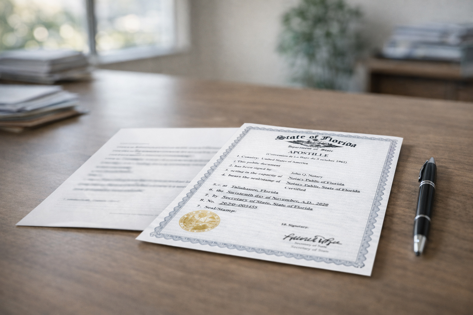 Certified Florida State Department apostille certificate with embossed gold seal and Hague Convention notation